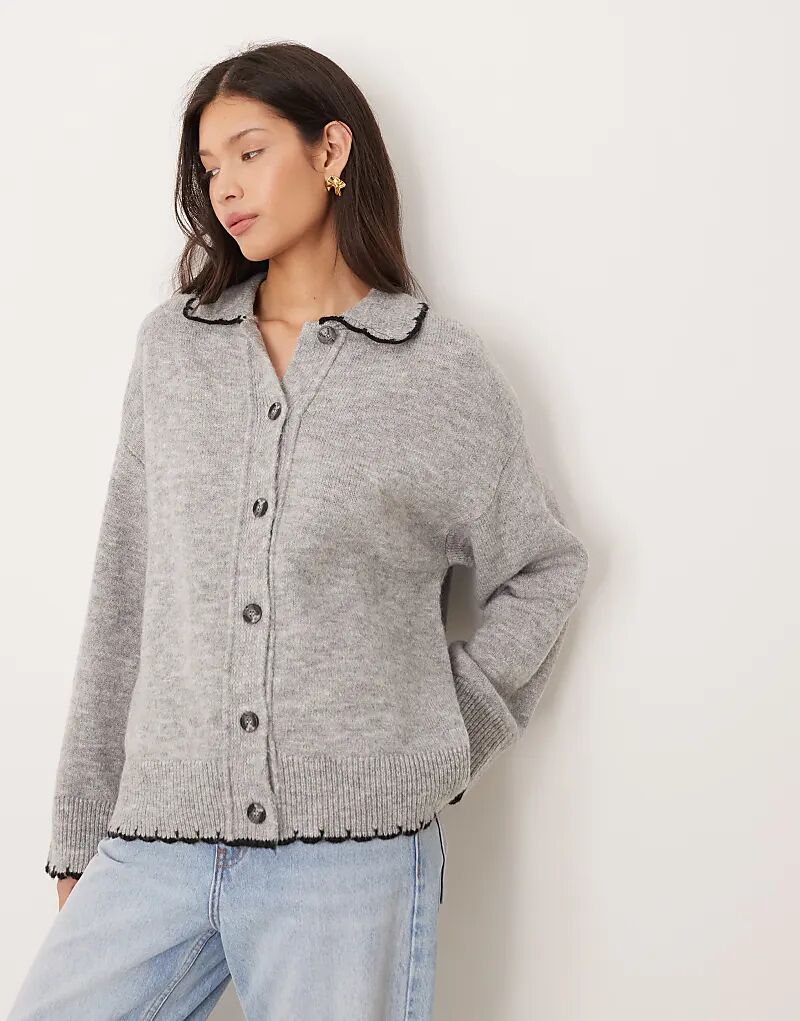

Кардиган ASOS DESIGN с трикотажным воротником и декоративной вязкой серого цвета