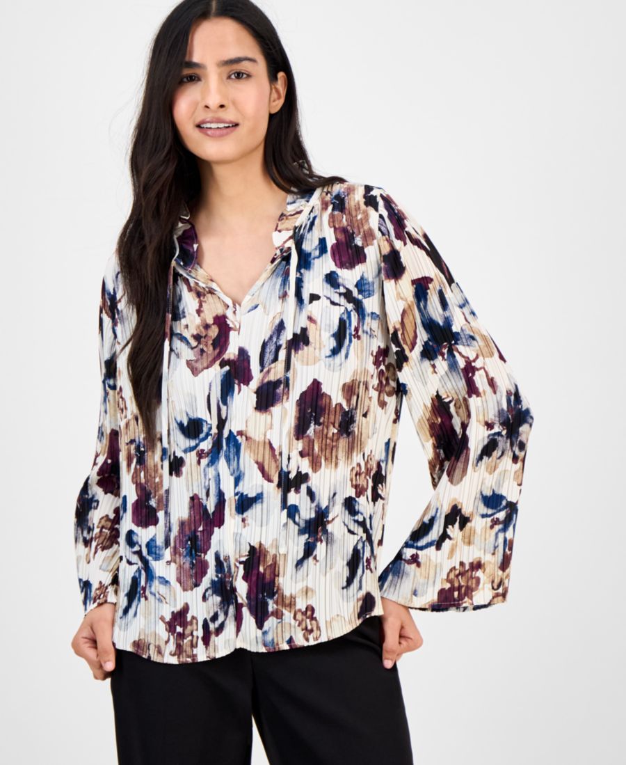 

Женская блузка с принтом, плиссировкой и разрезом на воротнике Anne Klein, White Dove Multi