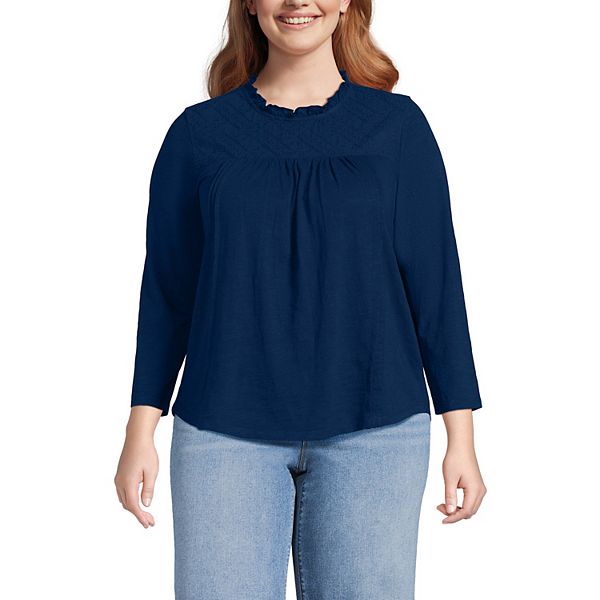 

Топ с кружевной отделкой из хлопка с укороченным рукавом, Plus size Lands' End, Deep Sea Navy