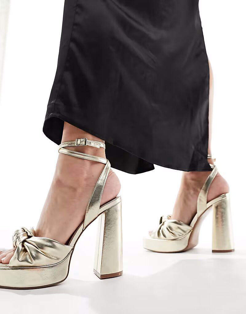 Босоножки ASOS DESIGN Nikita на платформе с завязанным узлом, золотистого цвета — фото 4