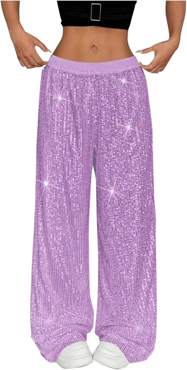 Брюки с пайетками Women Sparkle Shiny Stretchy High Waist Wide Leg Pant Casual Loose Glitter Trousers Bling Disco Party Generic, фиолетовый