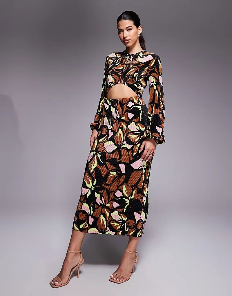

Платье миди ASOS DESIGN с плиссировкой и вырезом, бантом спереди, с темным цветочным принтом