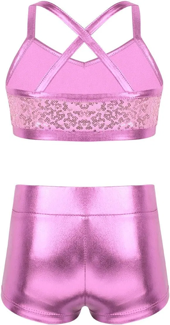 Спортивный костюм для девочек с пайетками vastwit, топ и шорты, Pink Sequined — фото 2