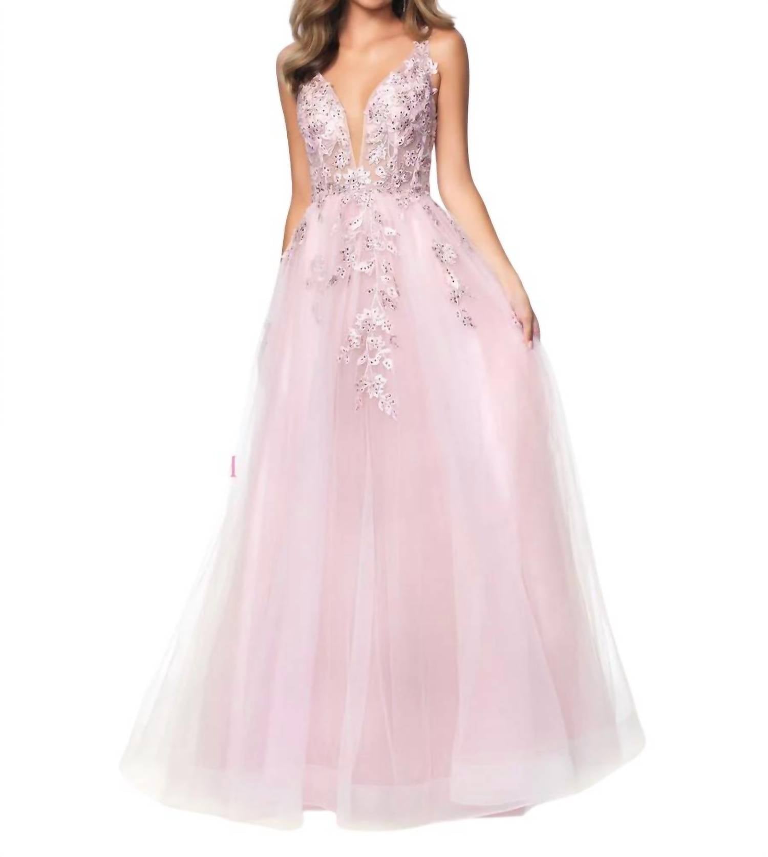 

Розовое платье с глубоким V-вырезом, кружевной аппликацией и бисером на тюле Blush Prom