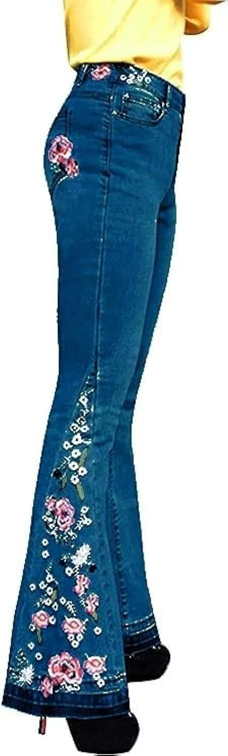 

Джинсы-клеш с цветочной вышивкой для женщин, Stretch, Plus Size, Y2k Cdiecer