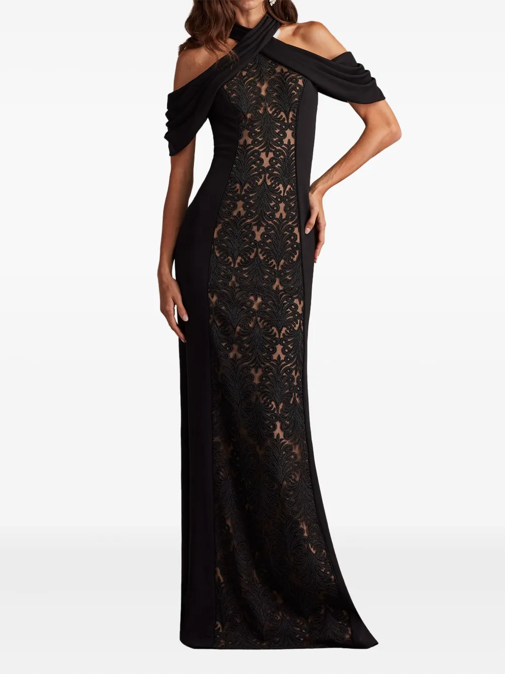 

Платье с открытыми плечами и кружевной вышивкой Tadashi Shoji, черный