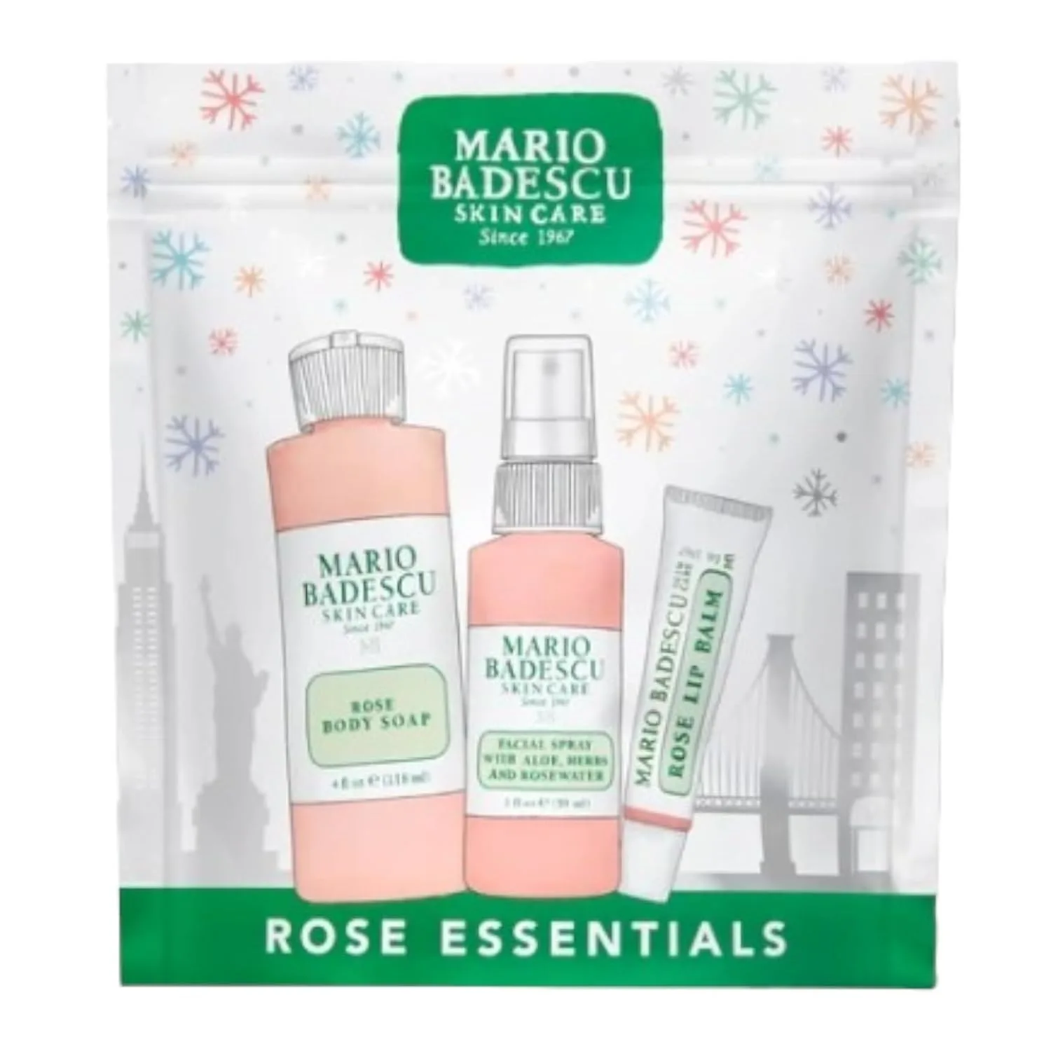 Набор Mario Badescu Rose Essentials из 3 предметов: гель для душа с розовой водой, спрей для лица с розовой водой и бальзам для губ для увлажнения кожи всего тела.