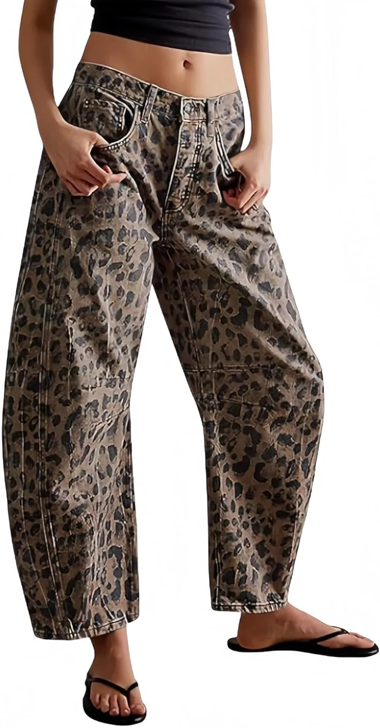 

Джинсы Leopard Barrel для женщин, Mid Rise, Stretchy, Wide Leg