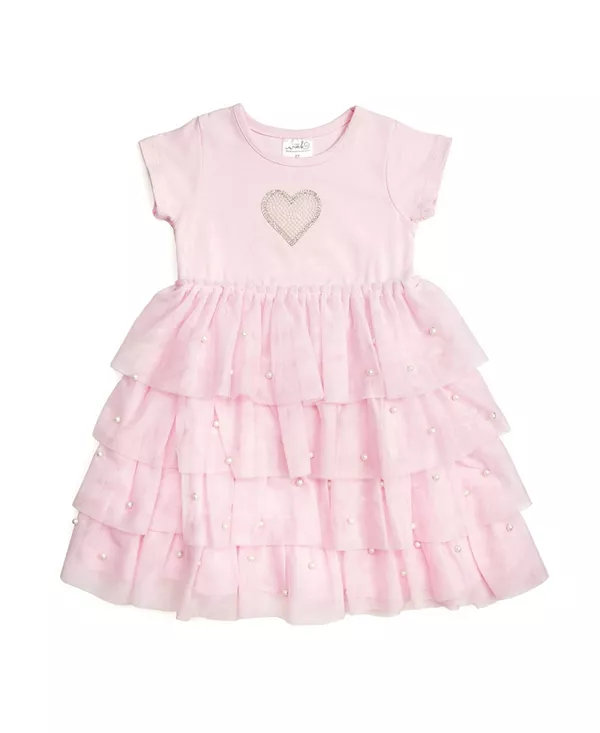 

Детское платье-пачка с короткими рукавами и жемчужными сердечками - для малышек, детей постарше. Sweet Wink, розовый