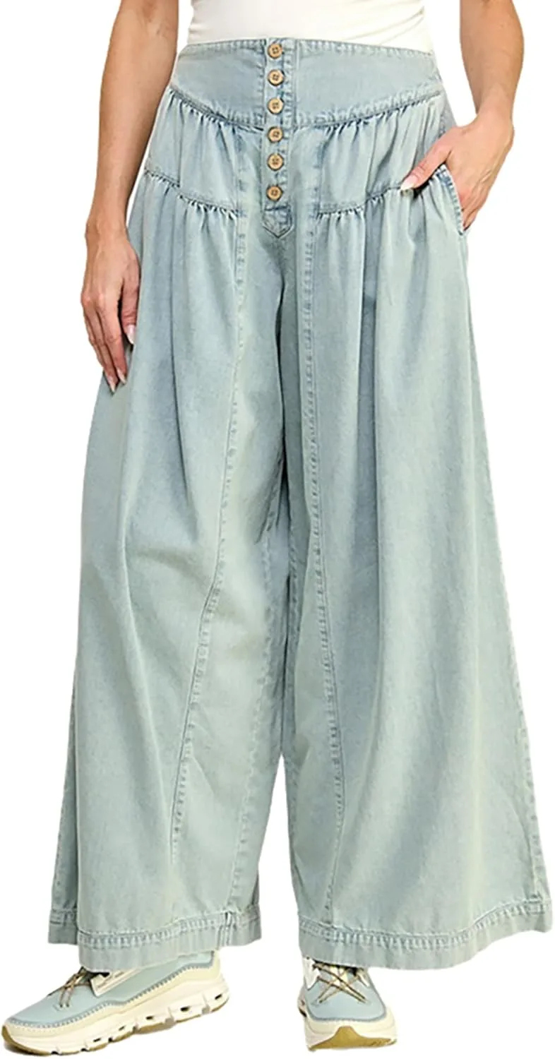 

Женские джинсы в стиле ретро с эластичной спинкой и широкими штанинами QLAUYIOE