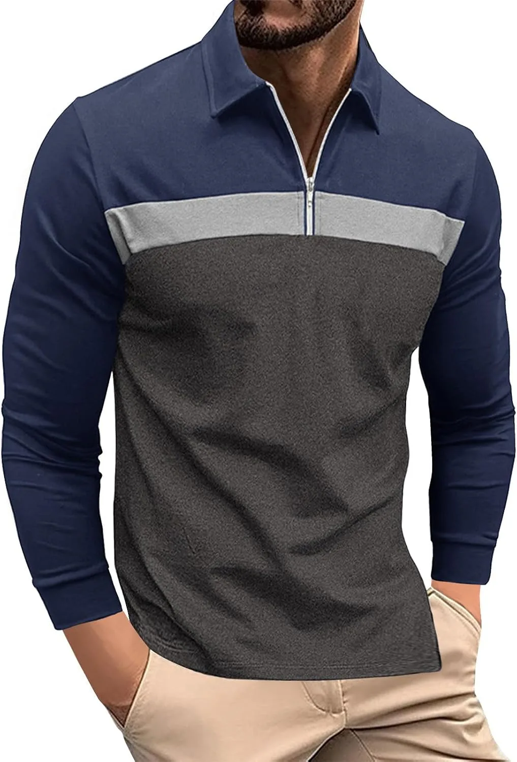 

Футболка мужская 2026 с цветными блоками, длинный рукав, 1/4 молния Lmdudan