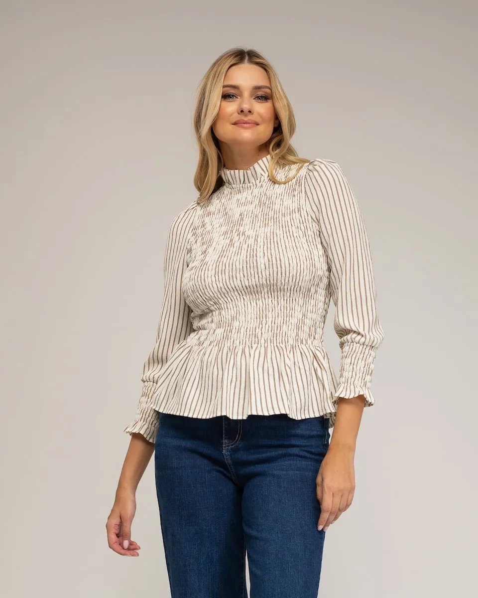 

Женская блузка с длинными рукавами в полоску с эффектом «сетки улья» на груди Tantra, белый
