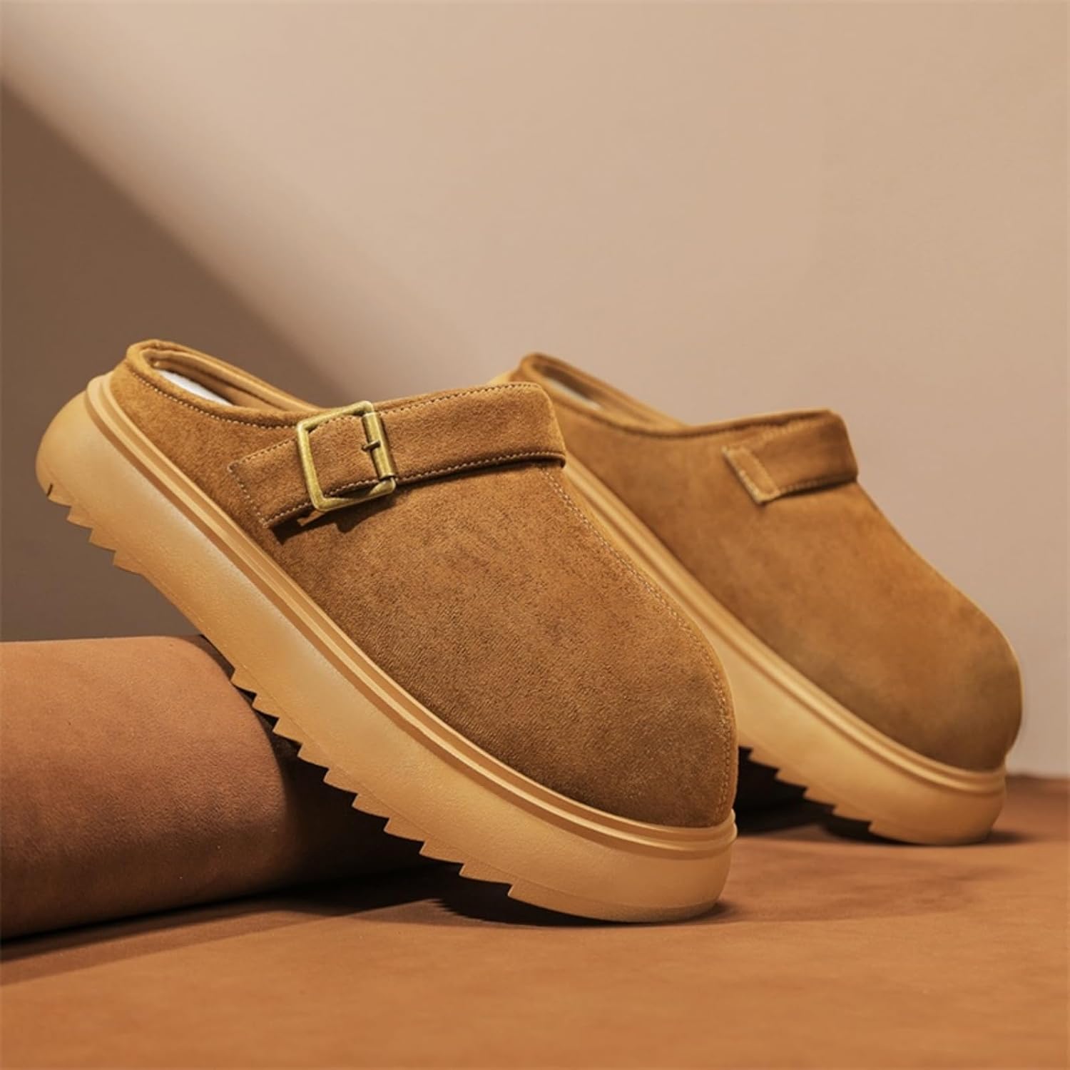 Мужские замшевые сабо, кожаные мюли с мягкой стелькой, платформой, регулируемой пряжкой, на ходу Khwfjas, коричневый — фото 3