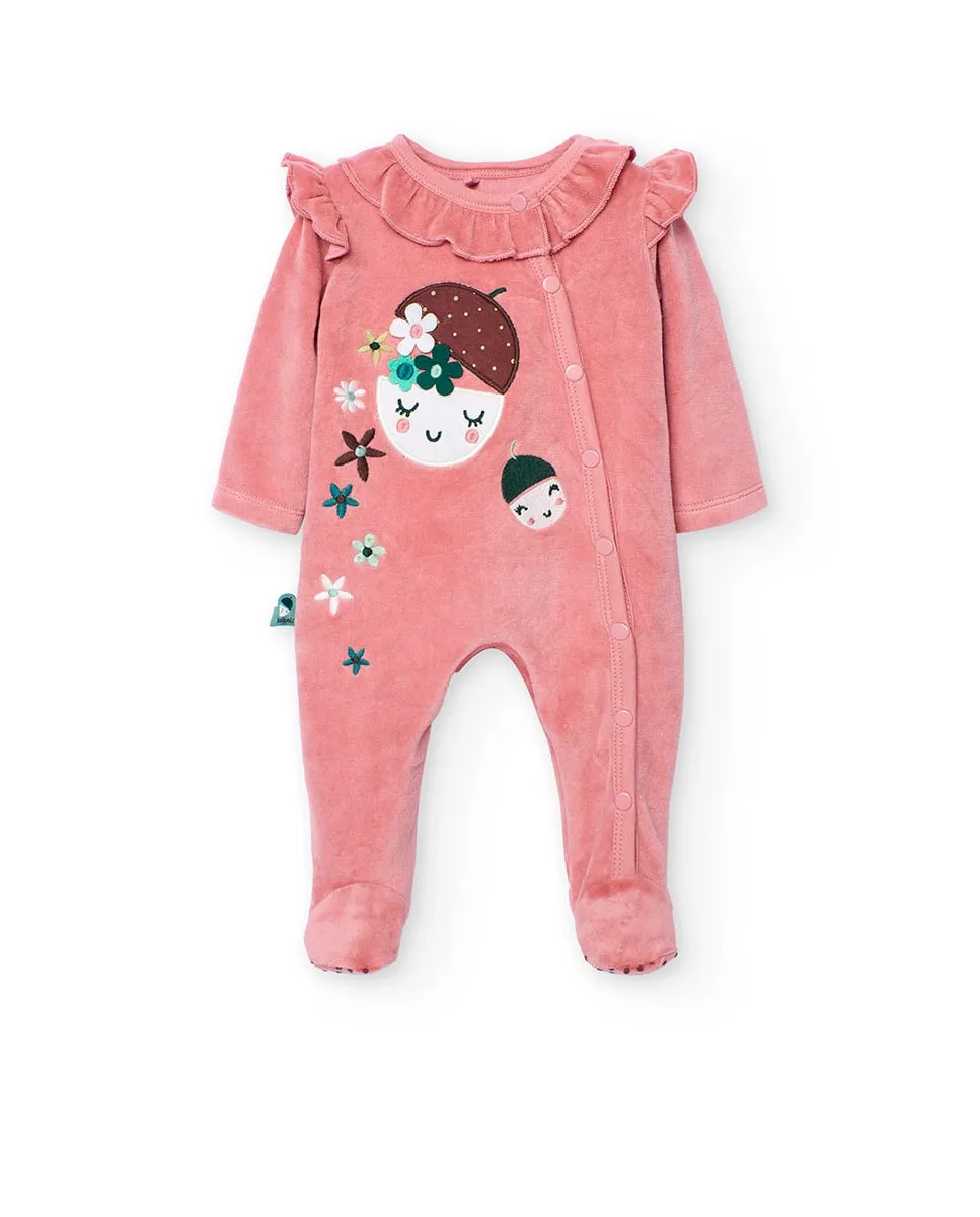 

Бархатный комбинезон для младенца с рисунком спереди и декоративным воротником Boboli, светло-розовый