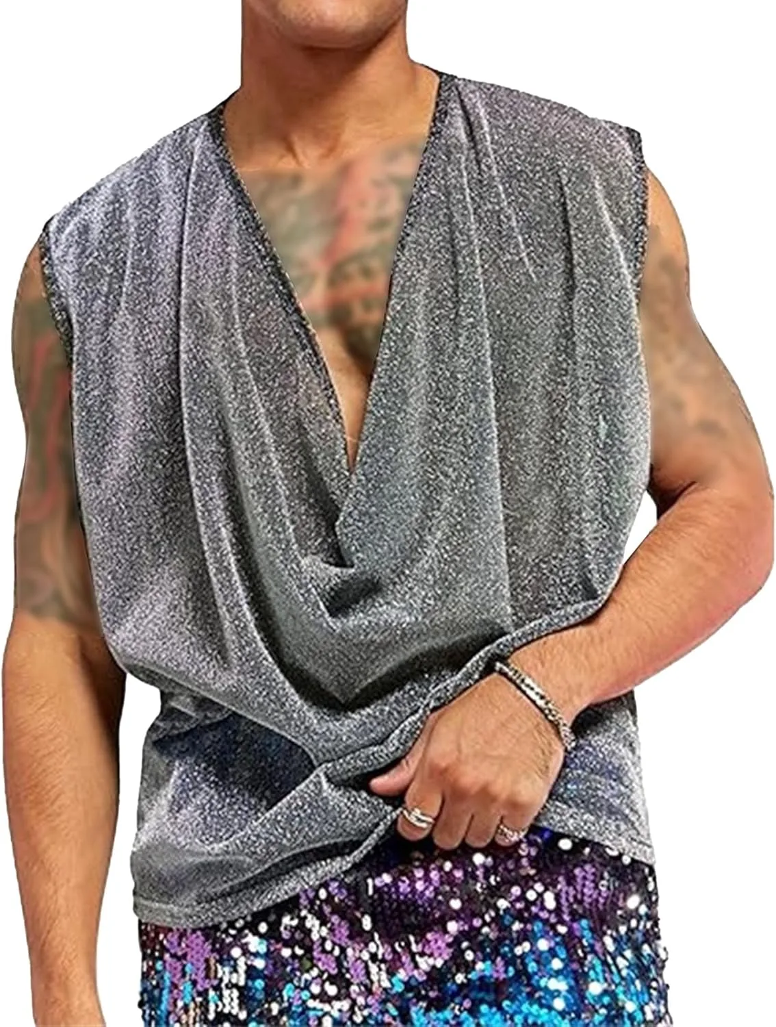 

Мужской топ с драпированным воротником и блестками VgueElegc