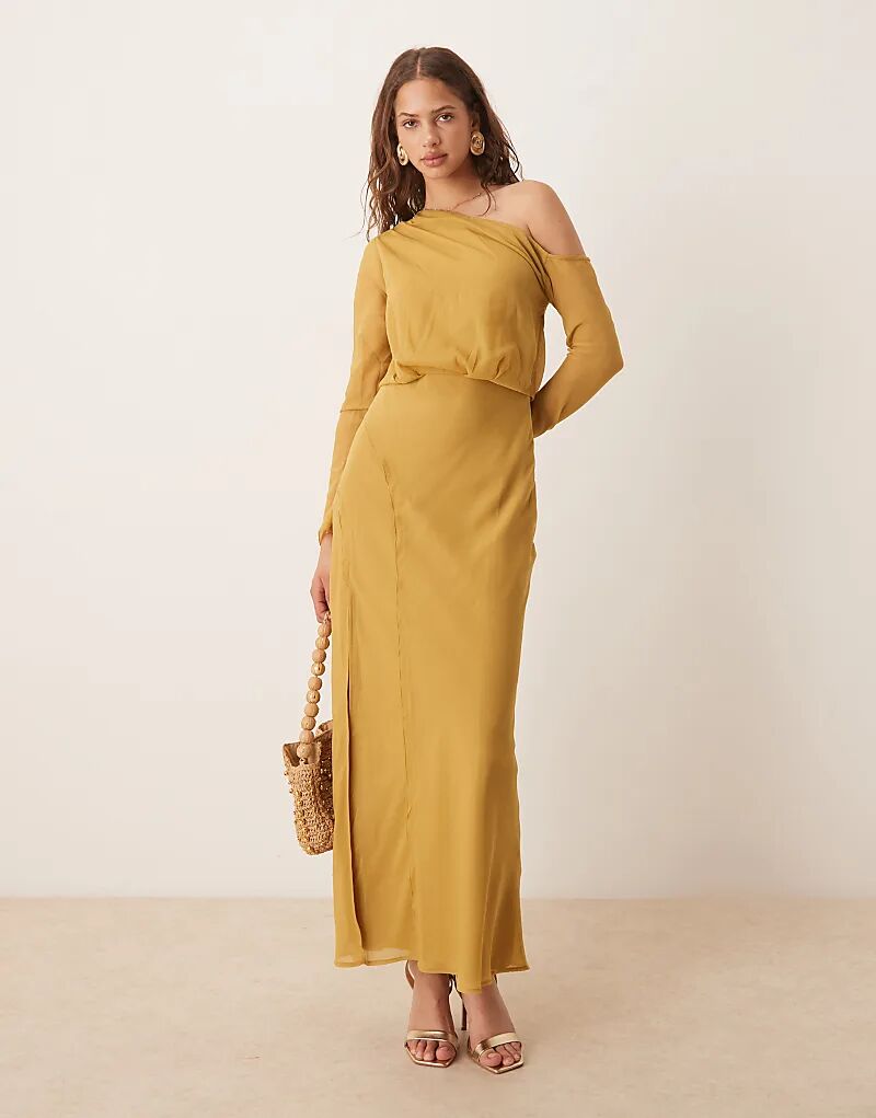 

Платье миди ASOS DESIGN со спущенными плечами, декоративными швами и поясом-завязкой горчичного цвета