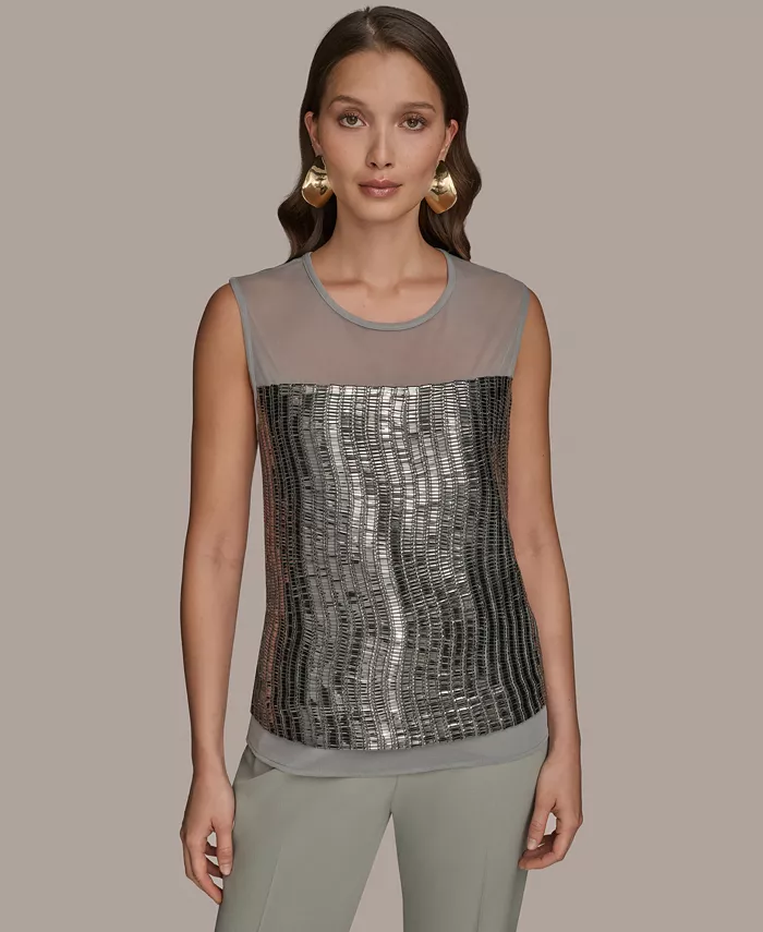 

Женский топ без рукавов с отделкой из бисера и сетки Donna Karan New York, зеленый