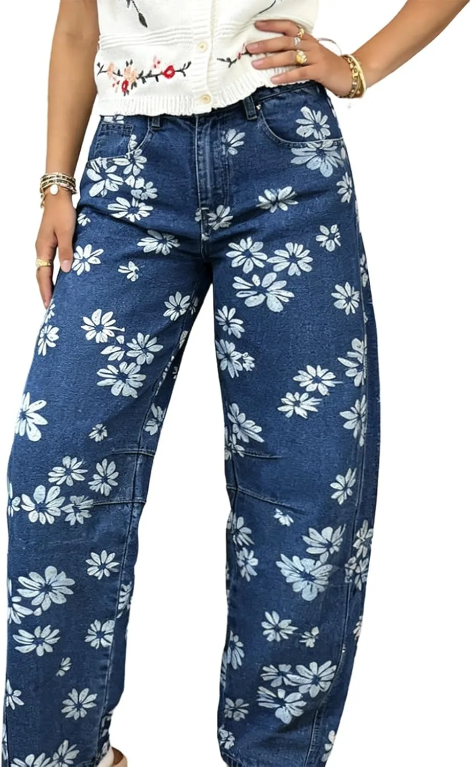 

Женские джинсы с цветочным принтом, бочкообразные, мешковатые, с карманами MYBFYABO
