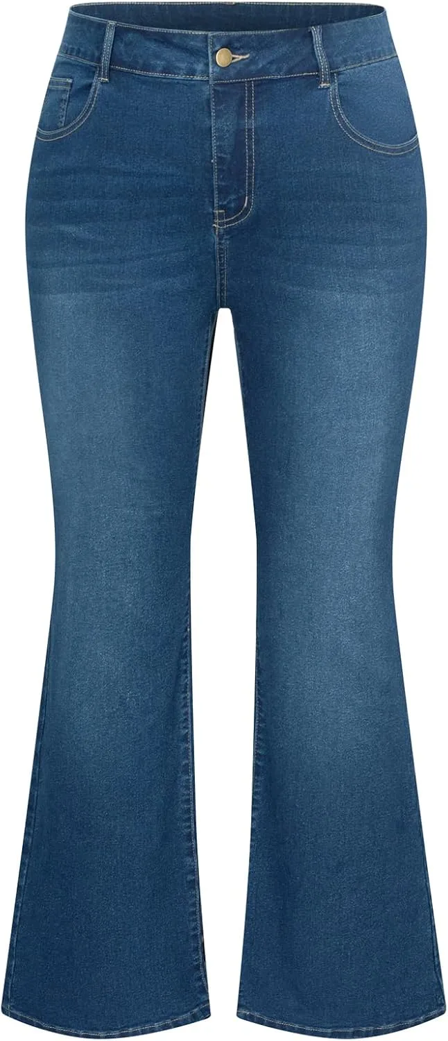 

Hanna Nikole Women's Plus Size Wide Flared Jeans High Waisted Stretchy Bell Bottom