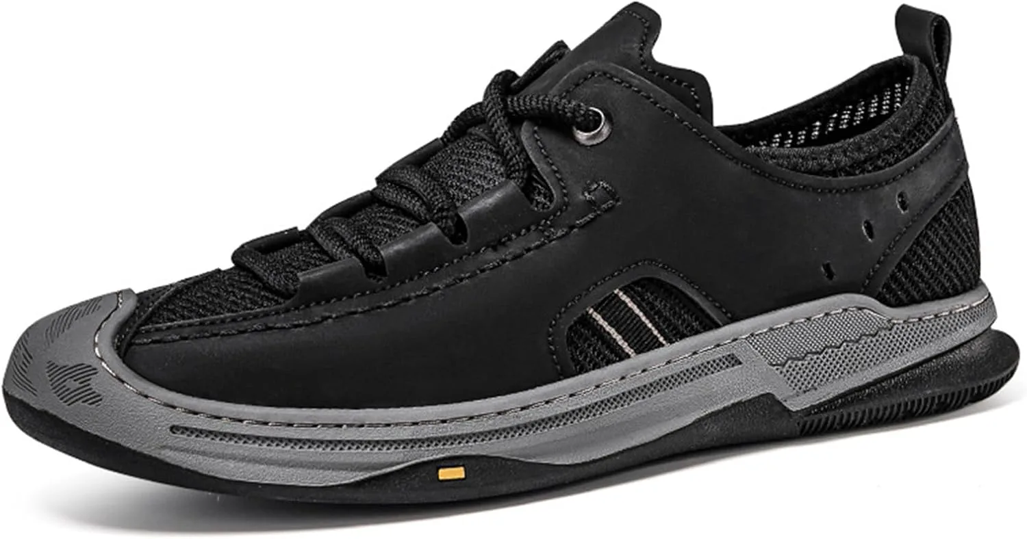 

Мужские кожаные лоферы с сеткой и шнуровкой, летние, с амортизирующей мягкой подошвой, дышащие, легкие, повседневные обувь низкого кроя для прогулок, походов, кемпинга и вождения XOEKD, черный