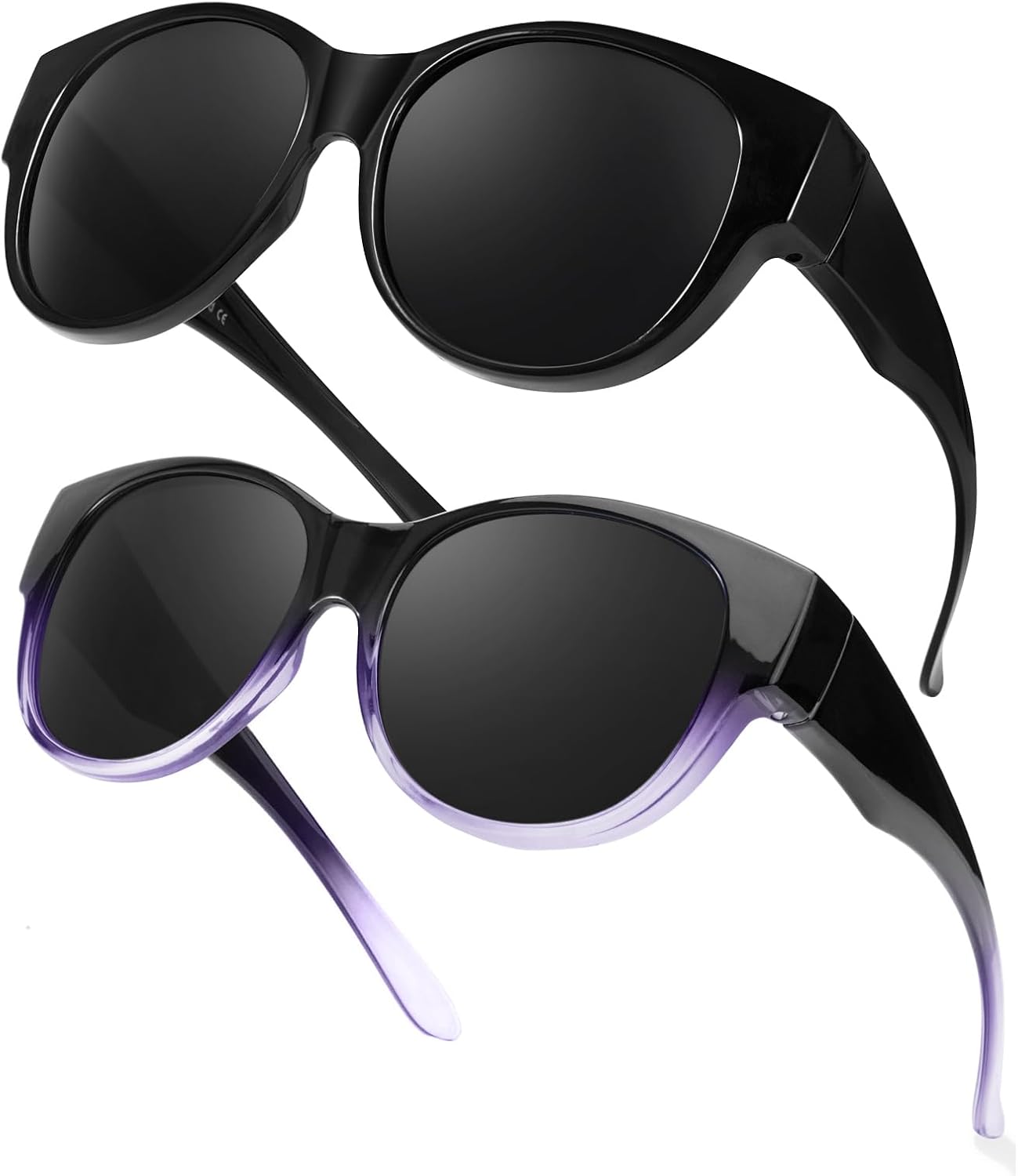 

Солнцезащитные очки TJUTR увеличенного размера для женщин. Модные поляризованные солнцезащитные очки, надеваемые поверх очков с диоптриями, с защитой от УФ-излучения UV400, A06(2 Pack) Black Gray + Purple Gray