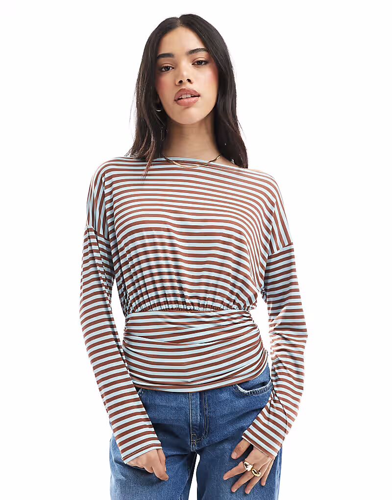 

Асимметричный топ ASOS DESIGN на одно плечо с длинными рукавами и поясом в полоску