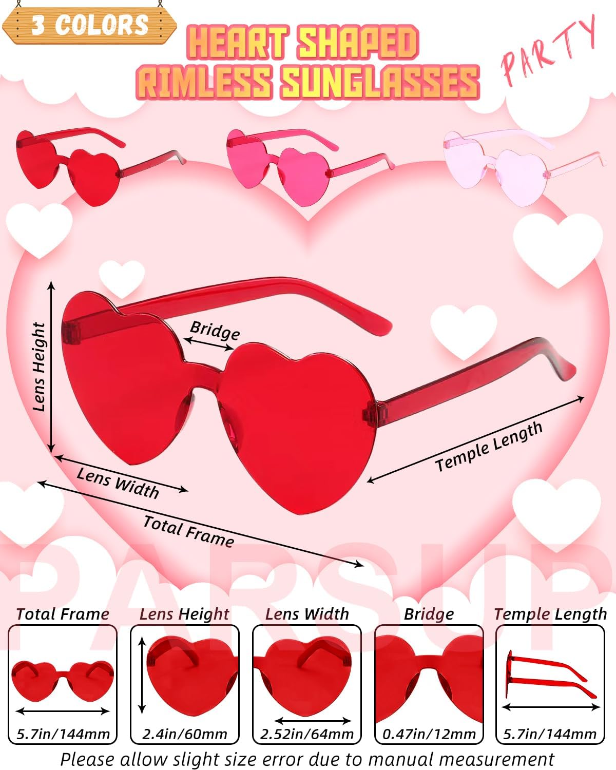 

PARSUP 9 пар очков в форме сердца без оправы, солнцезащитные очки в форме сердца без оправы, прозрачные, красно-розово-красные, тонированные очки, сувениры для девичника, реквизит для фотобудки, 3 Color * 3