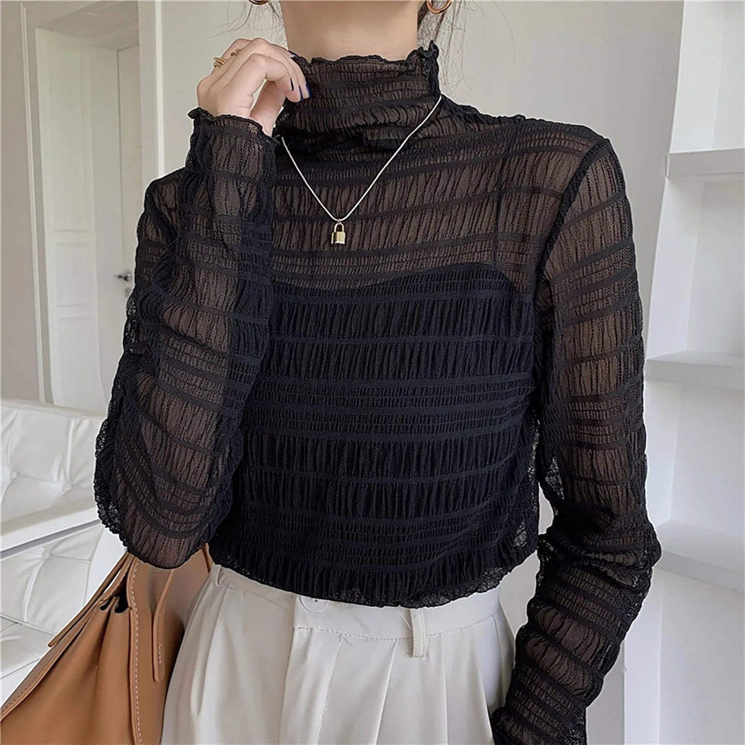 Блузка кружевная с высоким воротником, черный — фото 3