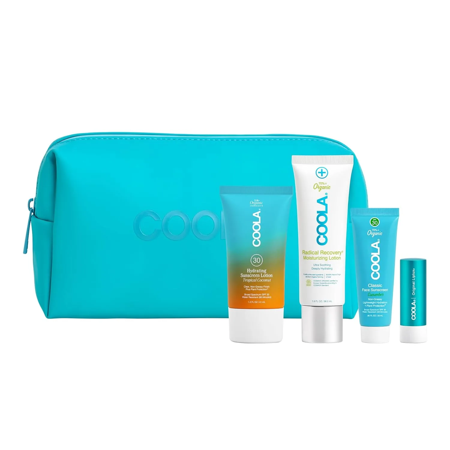 Набор COOLA Organic Sunscreen and Lip Balm SPF 30 Sun Essentials Kit, протестирован дерматологами и одобрен TSA, веганский и безглютеновый, всего 4 предмета.