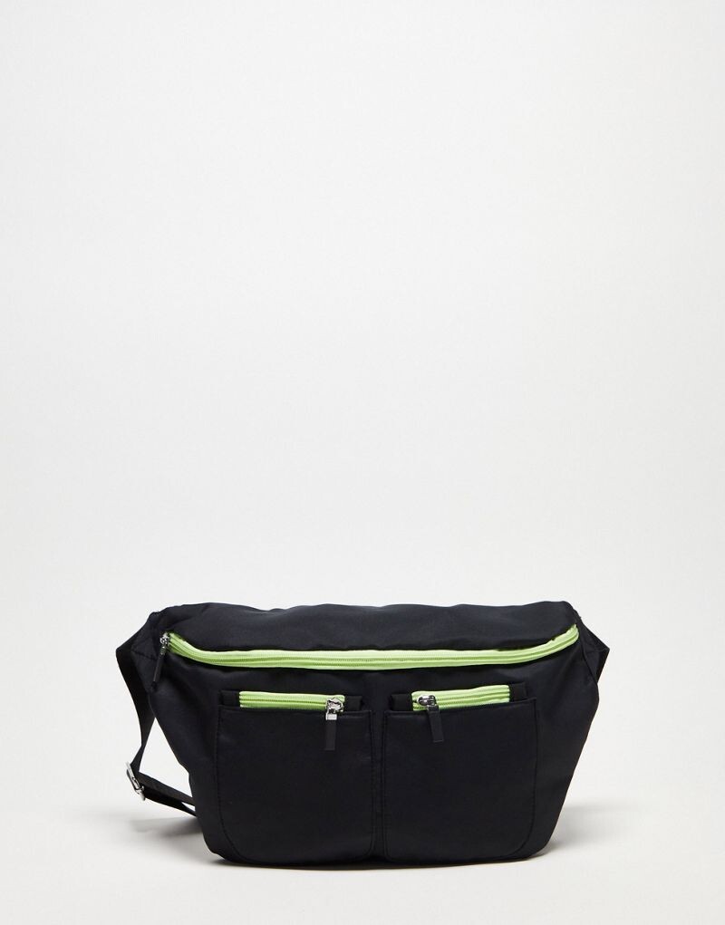 

Поясная сумка Public Desire Ethan Pocket в цвете Black и Lime Green с техническими деталями