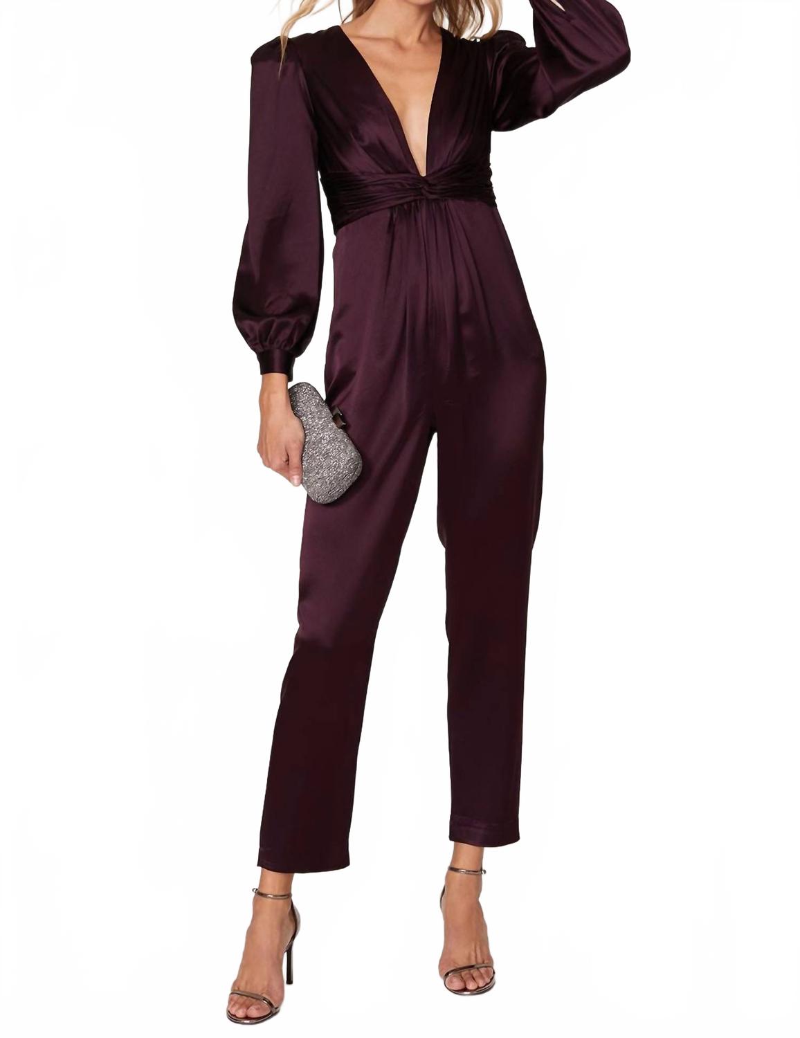 

Комбинезон с глубоким V-образным вырезом и рукавами-фонариками с перекрученной передней частью в сливовом цвете Mac Duggal, Plum