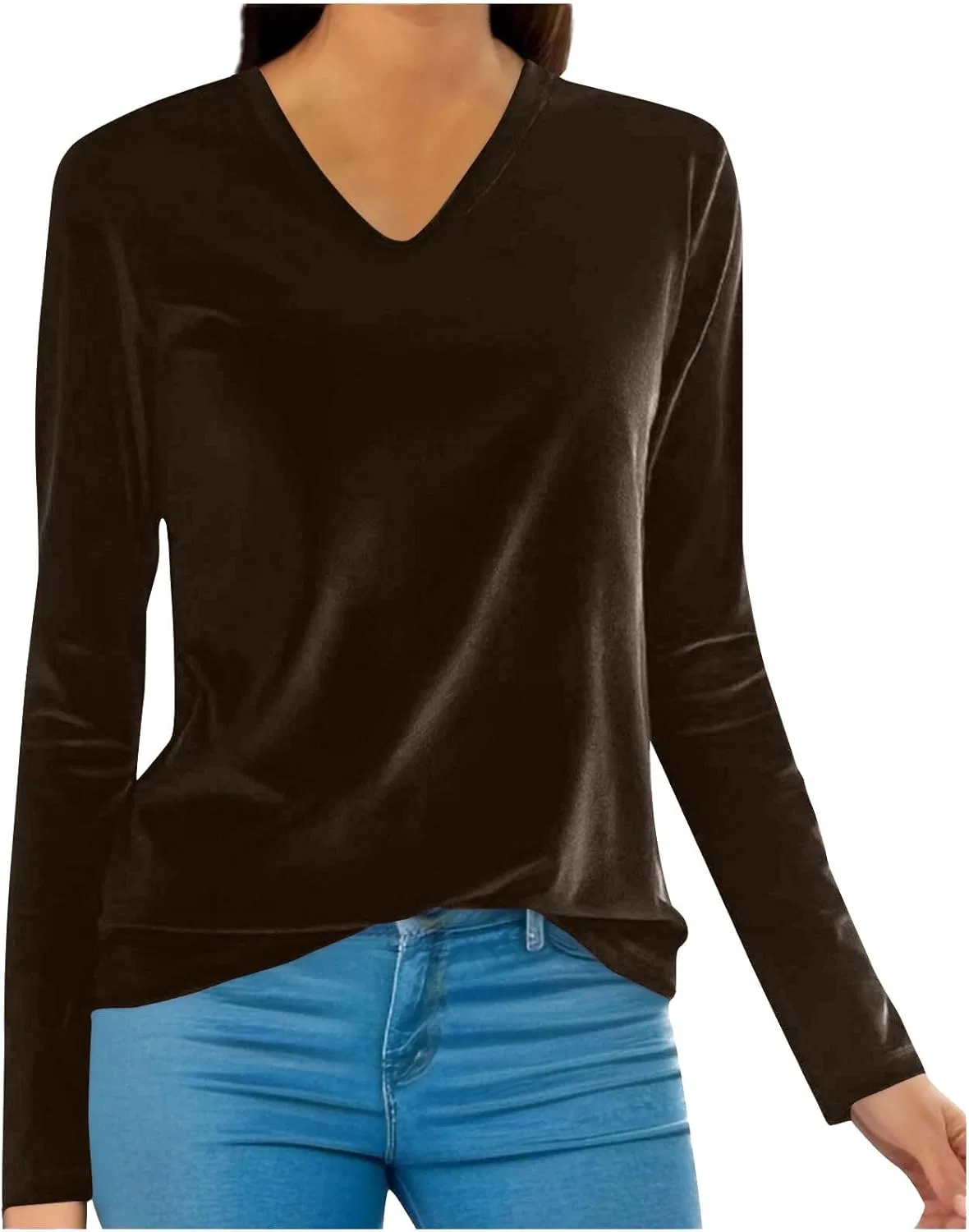 Generic Женская бархатная блузка с V-образным вырезом, элегантная, с длинными рукавами, свободного кроя, пуловер, весенняя рабочая рубашка 2026 года для офиса и бизнеса, Brown-2