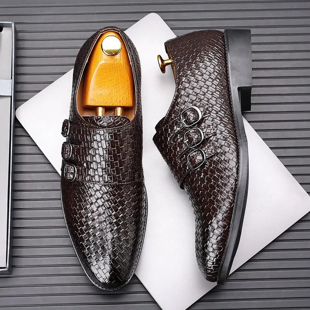 Мужские формальные повседневные лоферы с пряжкой Monk Strap, оксфорды с текстурной сеткой, легкие, из искусственной кожи, для бизнеса и свадеб Spedify, темно-коричневый — фото 2