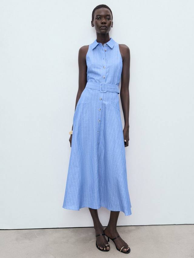 

Платье-рубашка Dam в полоску из льняной смеси Mango, Medium Blue