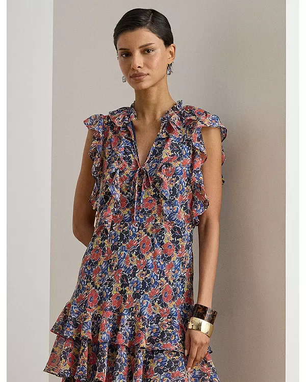 Платье из жоржета с цветочным узором и оборками Ralph Lauren, Cream/Red/Blue — фото 3