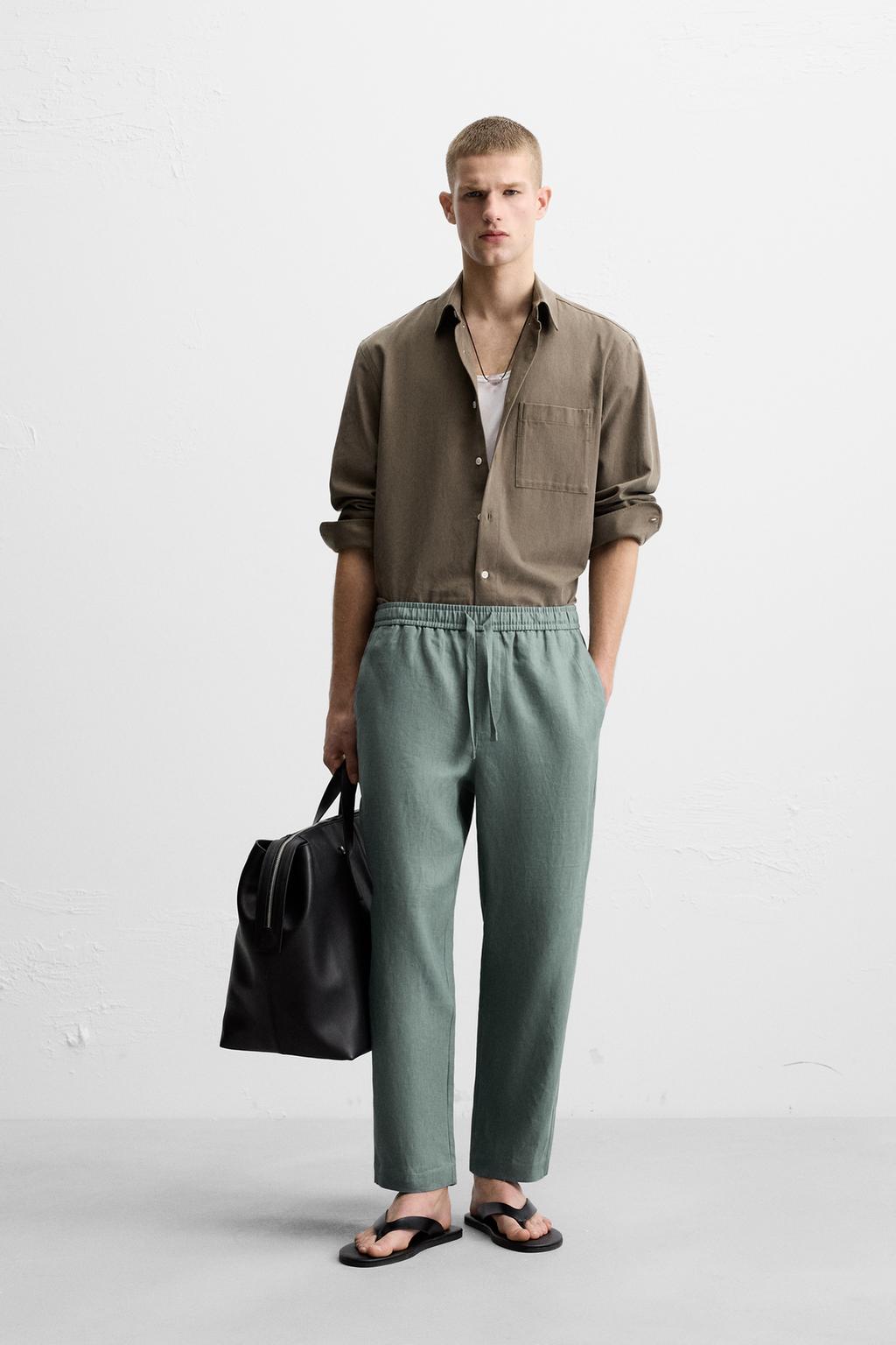 

Брюки обычного покроя из 100% льна ZARA, цвет Grey green