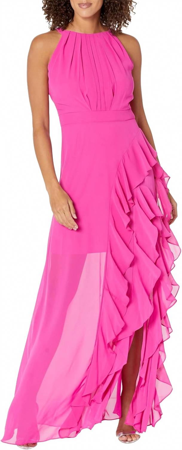 

Betsy & Adam Длинное шифоновое платье с бретелями через шею ярко-розового цвета
