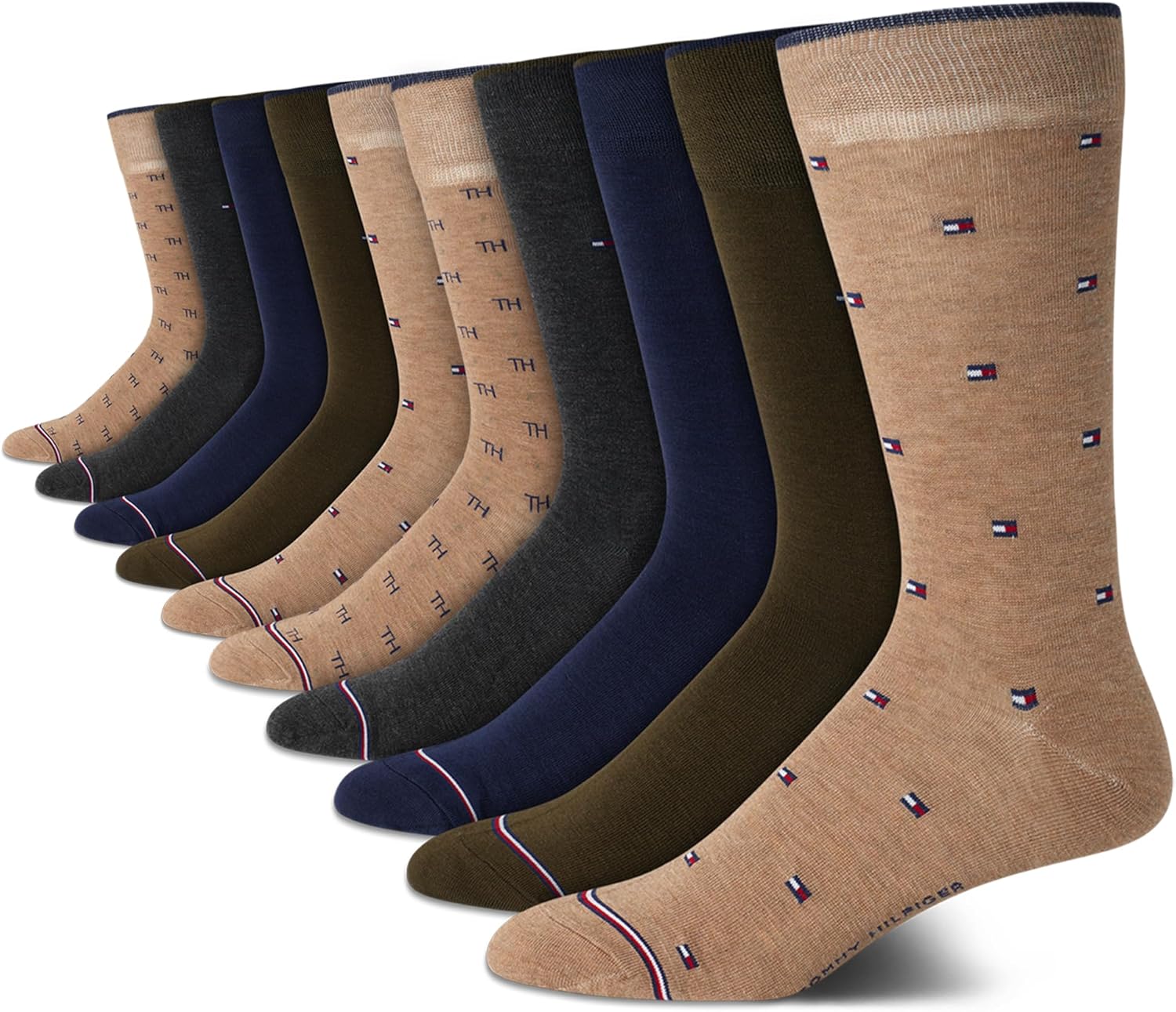

Мужские носки Tommy Hilfiger под повседневную одежду - 10 пар комфортных эластичных дышащих повседневных рабочих носков для мужчин (размеры: 7-12), Khaki Assorted