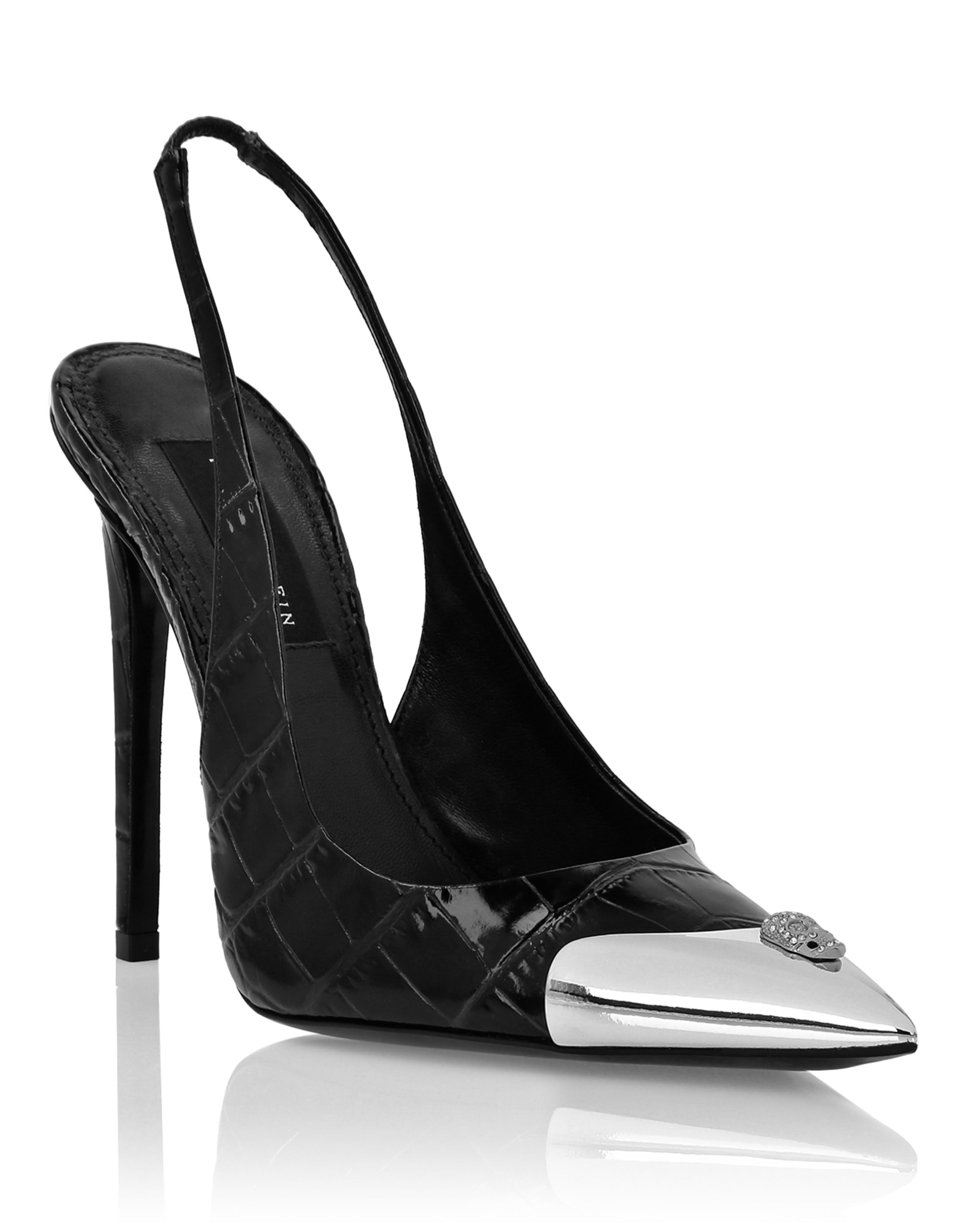 Туфли Crocco Slingback High Heels Shoes Skull Strass PHILIPP PLEIN, черный