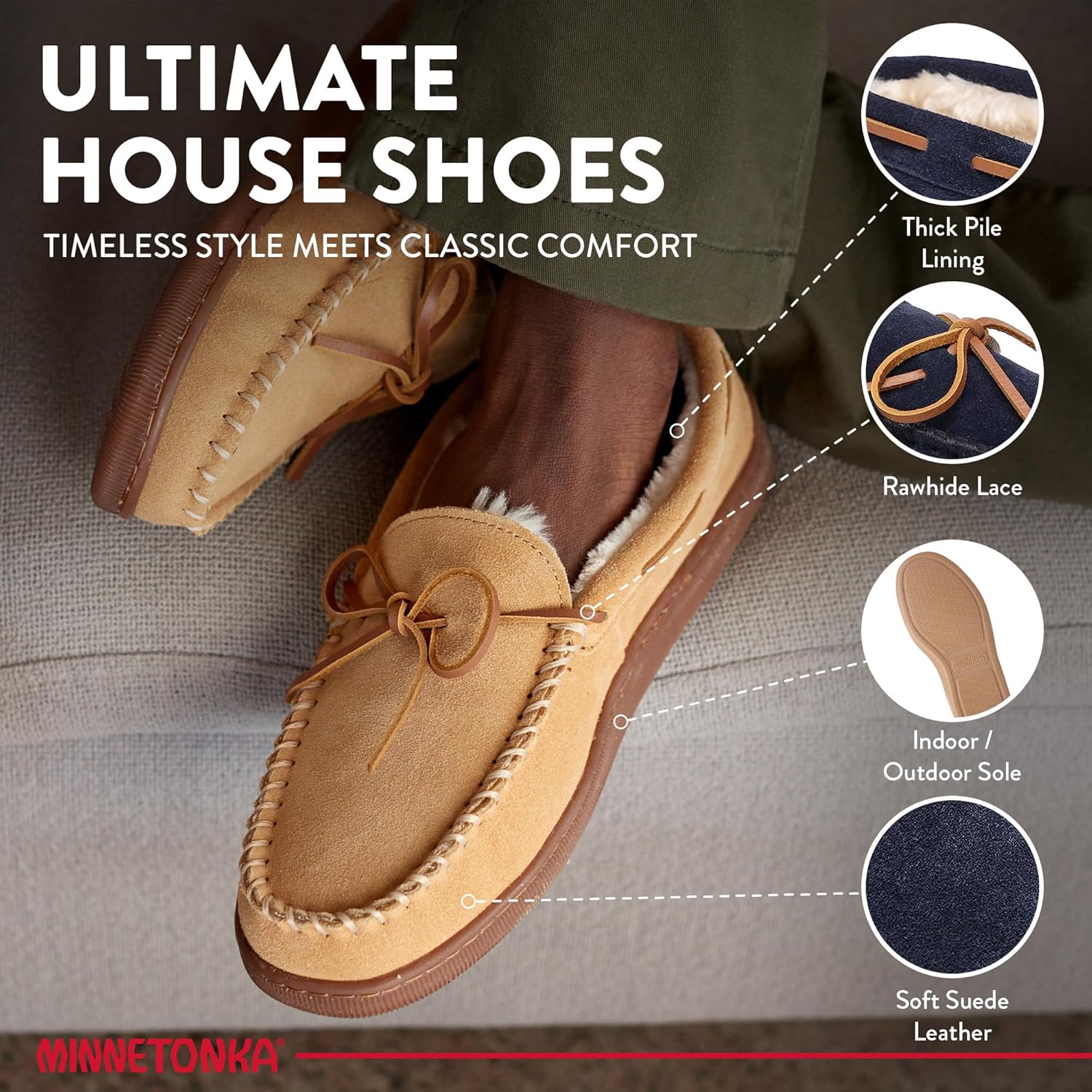Мужские тапочки Minnetonka с плюшевой подкладкой и жесткой подошвой, темно-синий — фото 3