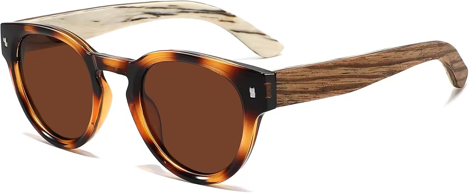 

Поляризованные солнцезащитные очки с деревянными дужками для мужчин и женщин, защита от УФ-излучения UV400, круглая оправа с деревянными дужками, очки для активного отдыха Generic, Brown