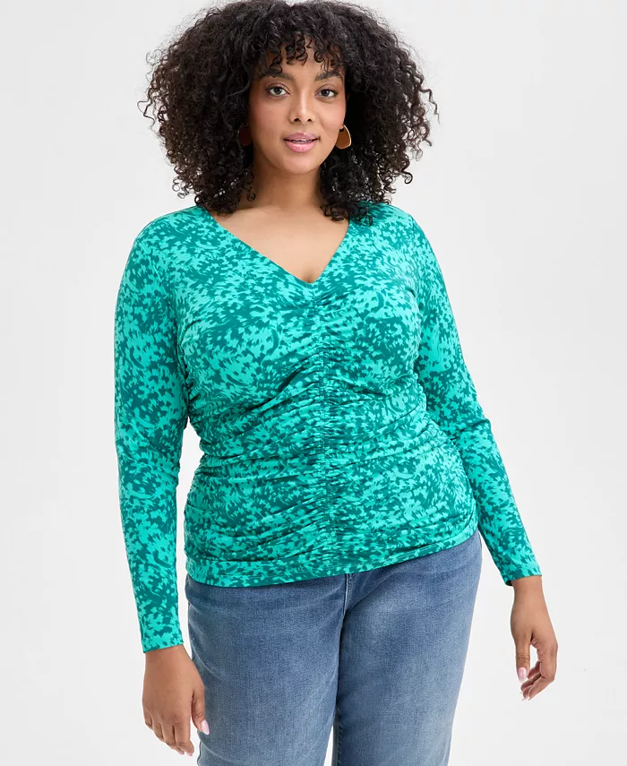 

Топ с рюшами по переду, вязаный, больших размеров I.N.C. International Concepts, синий