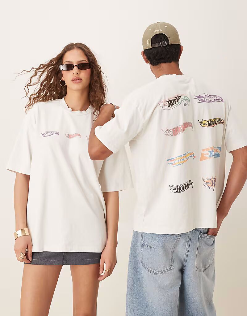 

Футболка унисекс свободного кроя ASOS DESIGN белого цвета с принтом Hot Wheels