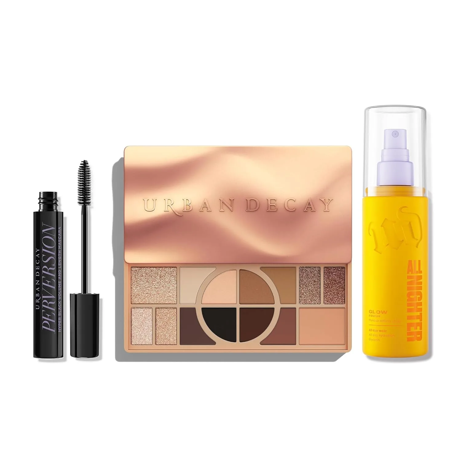 Urban Decay Radiant Holiday Makeup Look (Glow Getter 3Pc Bundle) - набор для макияжа глаз и лица - All Nighter Dewy Setting Spray, Naked Shaped Eyeshadow Palette, Perversion Volumizing Mascara