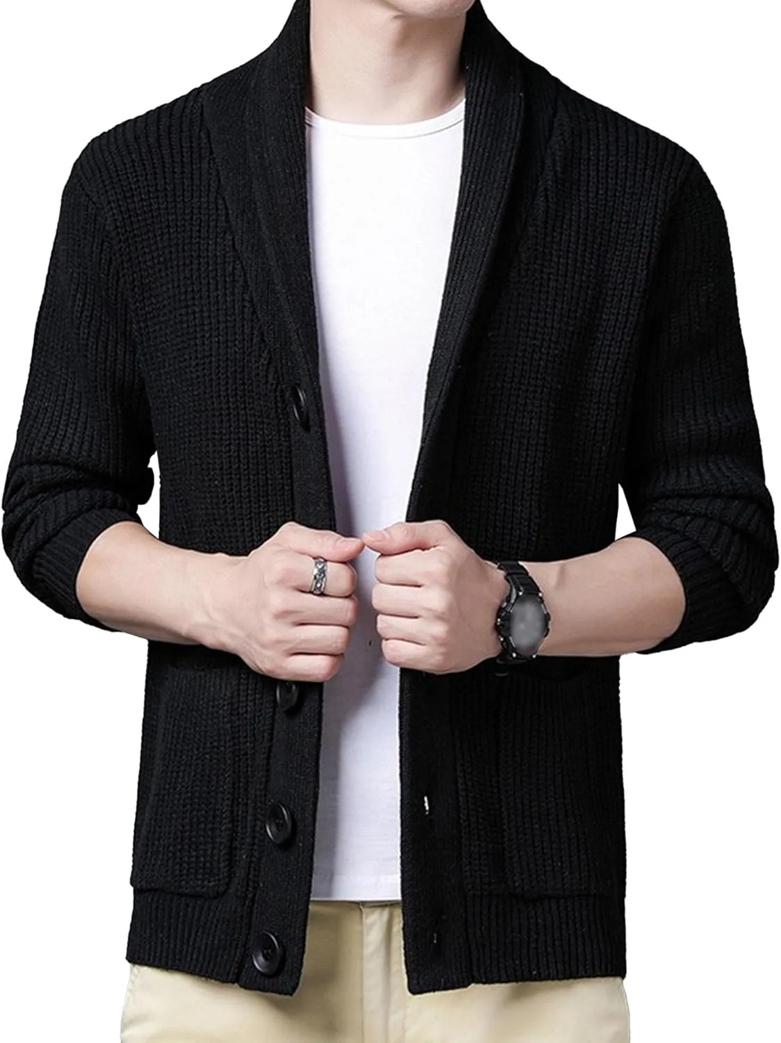 

Мужской кардиган с шальным воротником DGHM-JLMY, текстурированная вязка, Slim Fit