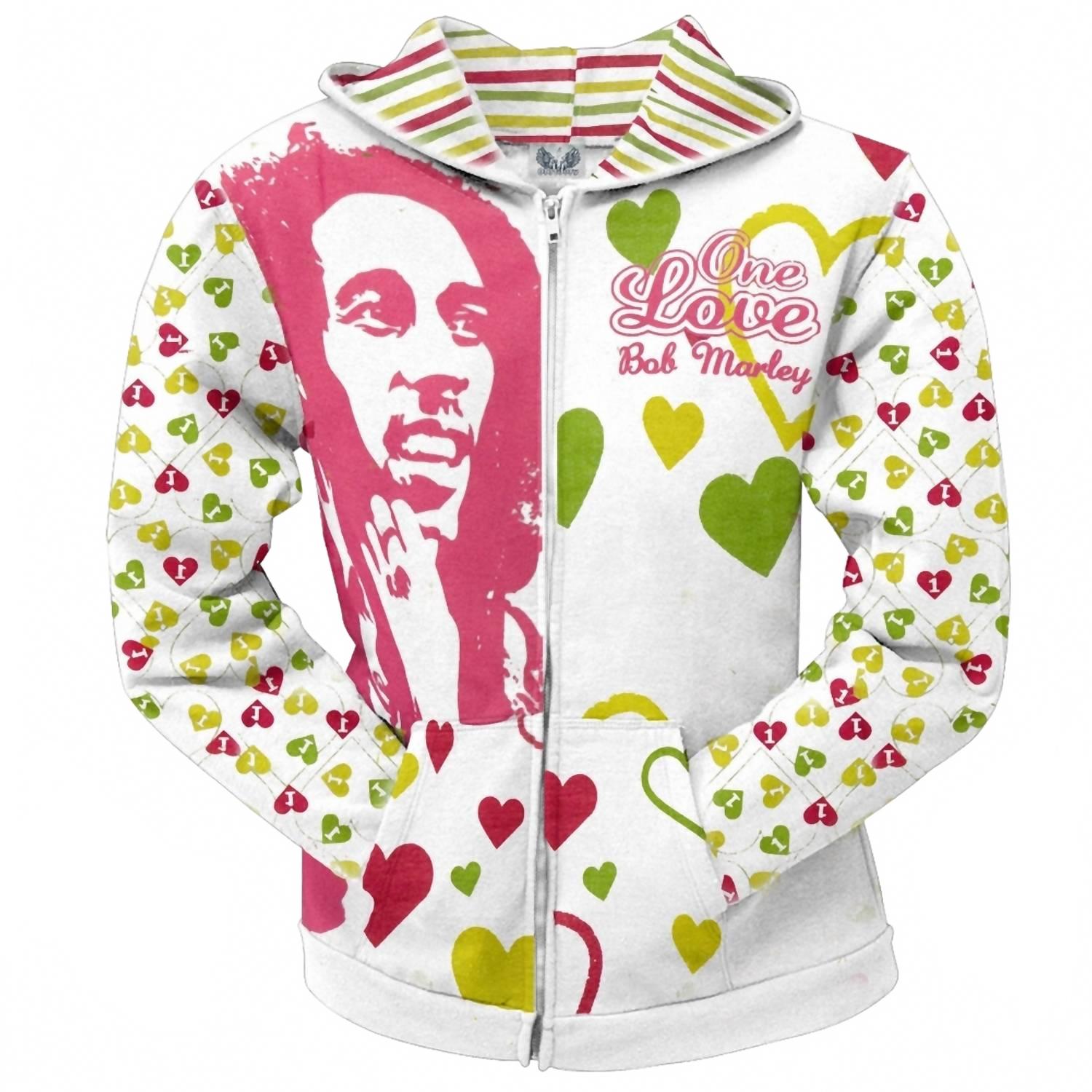 

Толстовка с капюшоном One Love Hearts All Over Junior's на молнии, белая Bob Marley, белый