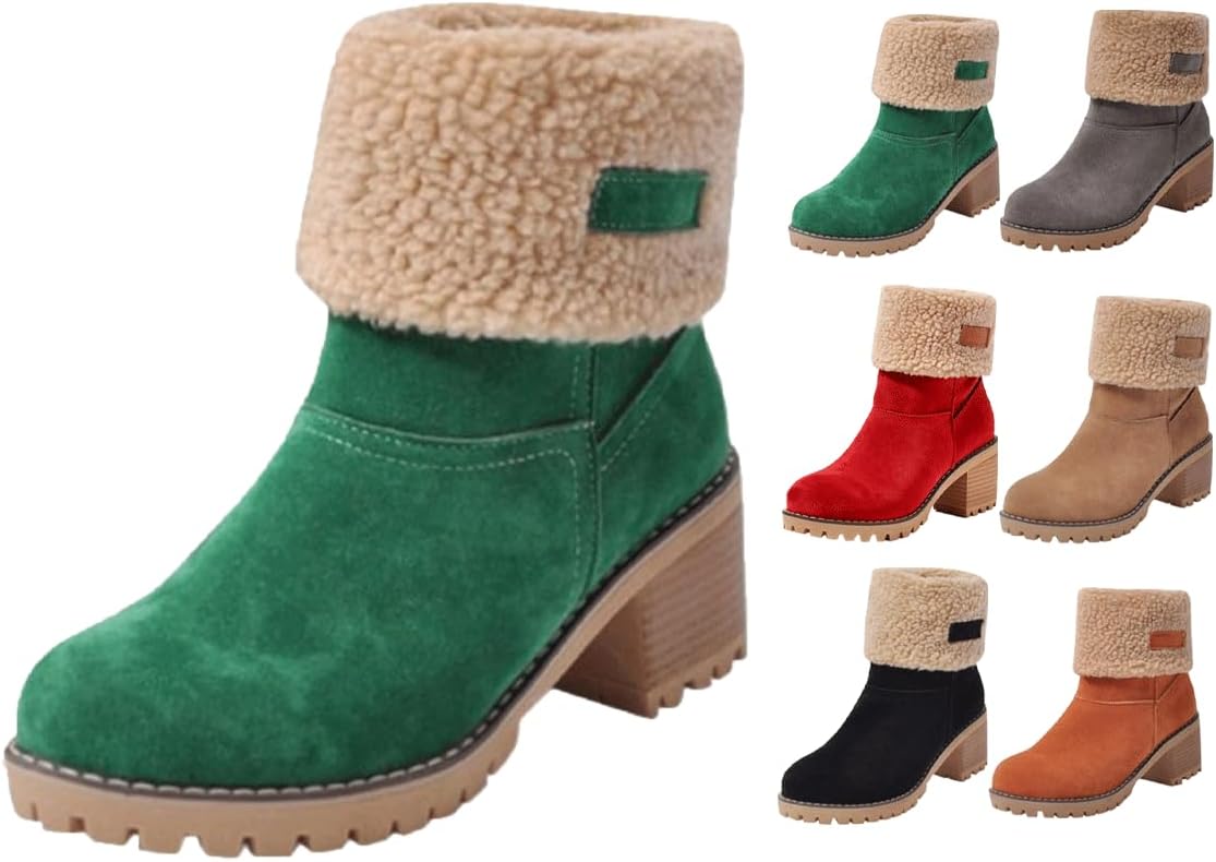 

Зимние женские ботинки из замши в винтажном стиле, повседневные модные ботильоны на каблуке, уютные ботинки с отворотами, обувь средней высоты на толстом подошве, теплые ботинки на легкой шнуровке Generic, зеленый