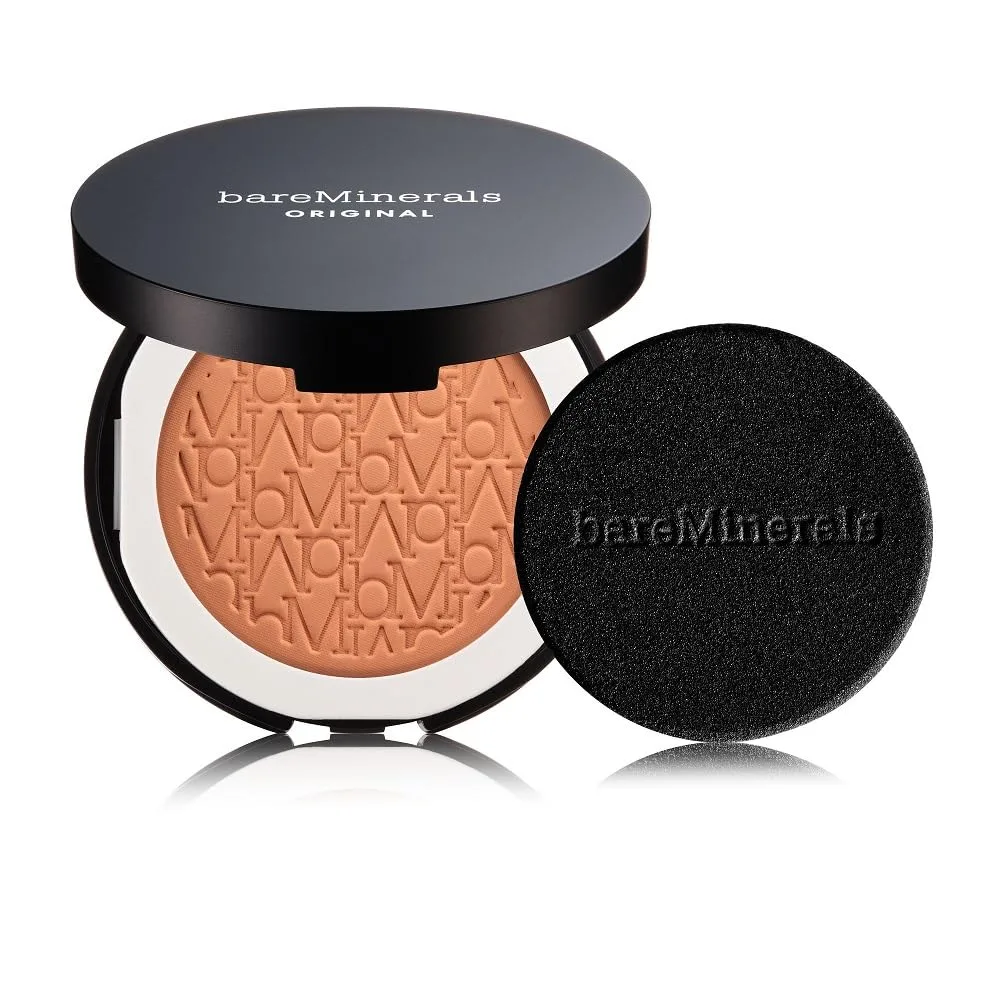 bareMinerals Original Pressed Powder Foundation Mineral SPF 15 - без талька, сияющий финиш, регулируемая плотность покрытия, веганский продукт, чистая косметика., AV Warm Tan 22