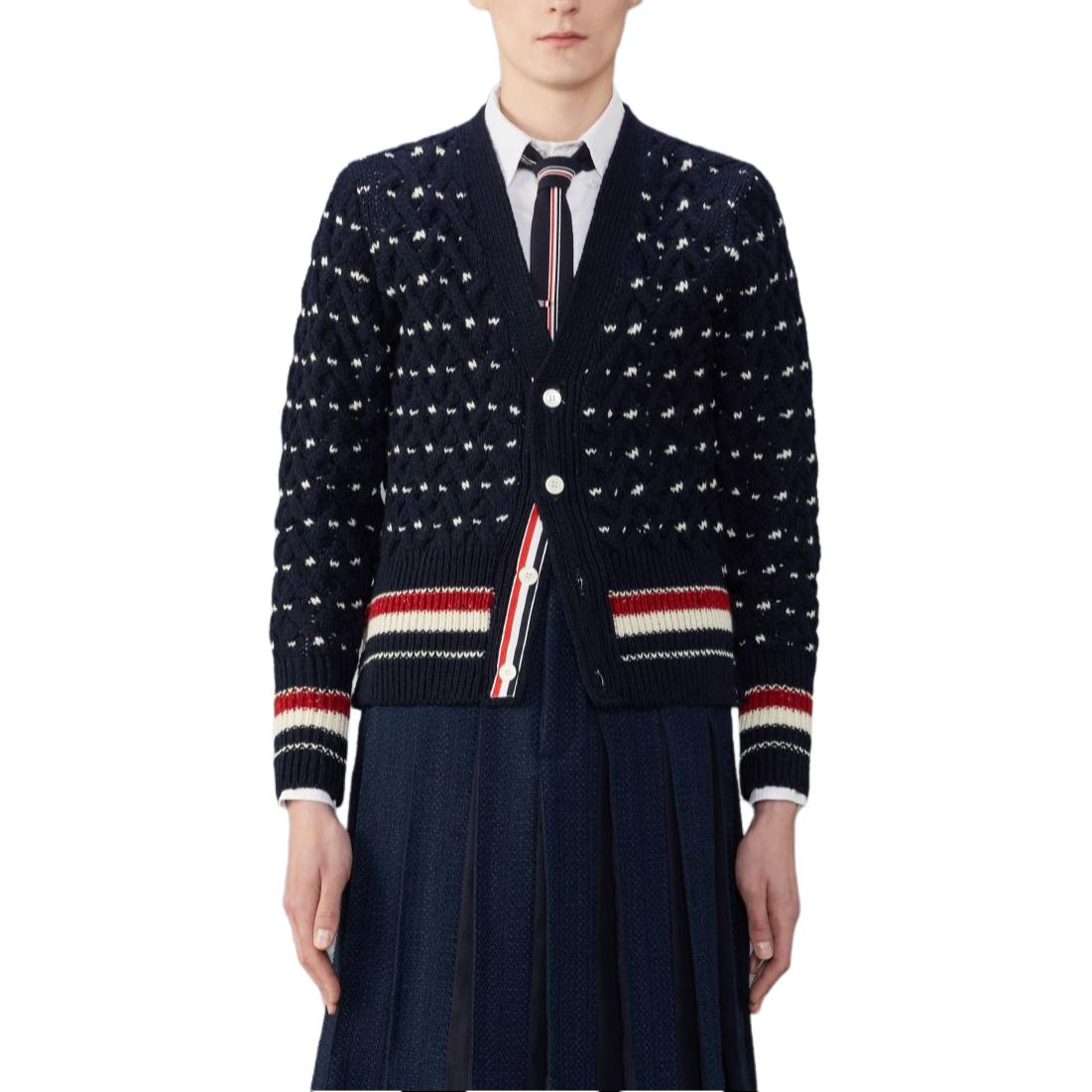 

Полосатый вязаный кардиган с v-образным вырезом THOM BROWNE, синий