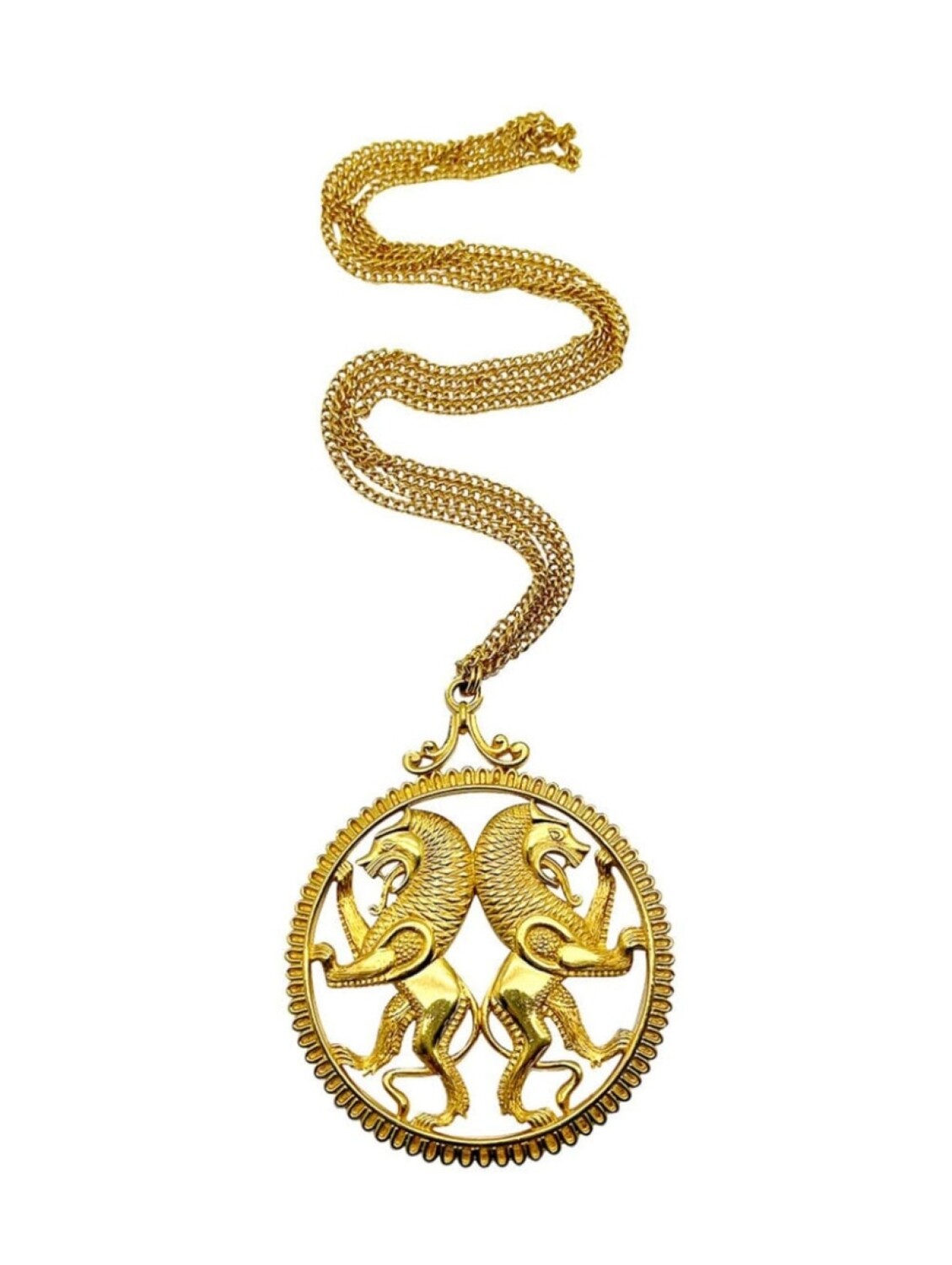 

Винтажное ожерелье с медальоном Rampant Lions 1960-х годов Jennifer Gibson Jewellery, золотой